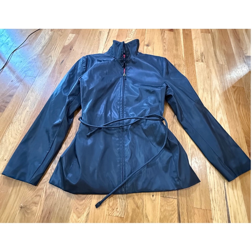 JLC New York Black Belted Zip Up Jacket Red Lining Funnel Neck Size M